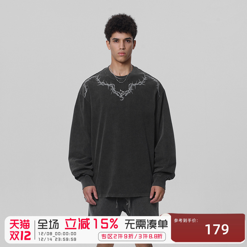 邓为同款荆棘水洗长袖T恤男
