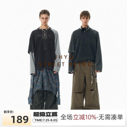 JHYQ春秋街头复古美式假两件水洗长袖T恤男休闲撞色拼接做旧卫衣
