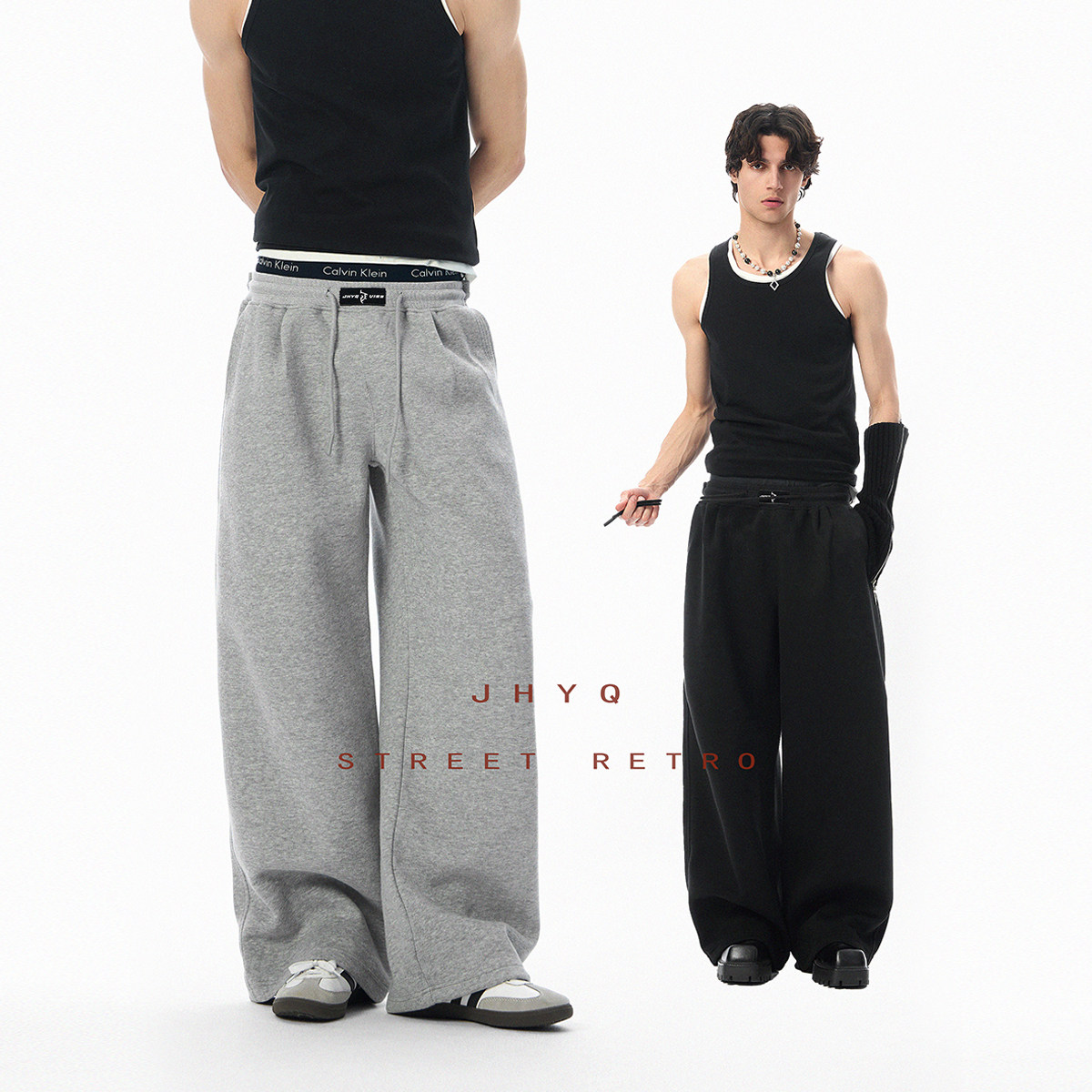 JHYQ美式春季纯色基础款垂感舒适卫裤男运动宽松直筒抽绳休闲长裤