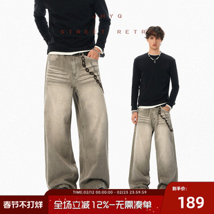 JHYQ净化眼球美式锁链刺绣复古牛仔裤男宽松直筒痞帅潮牌长裤子