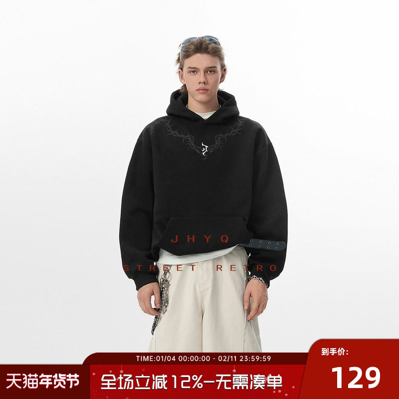 【明星同款】JHYQ春秋荆棘LOGO印花400g连帽卫衣男宽松帽衫