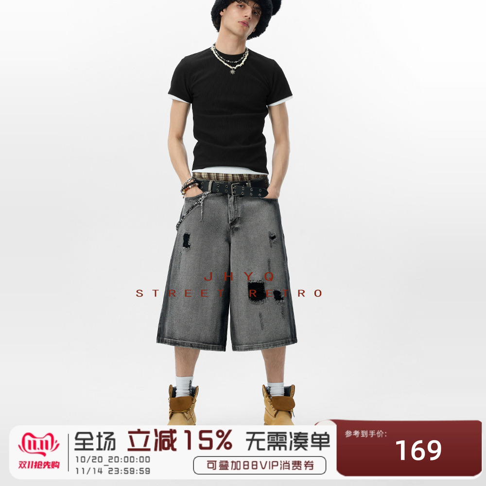JHYQ水洗破洞复古7分工装牛仔短裤宽松直筒男女阔腿潮牌七分中裤