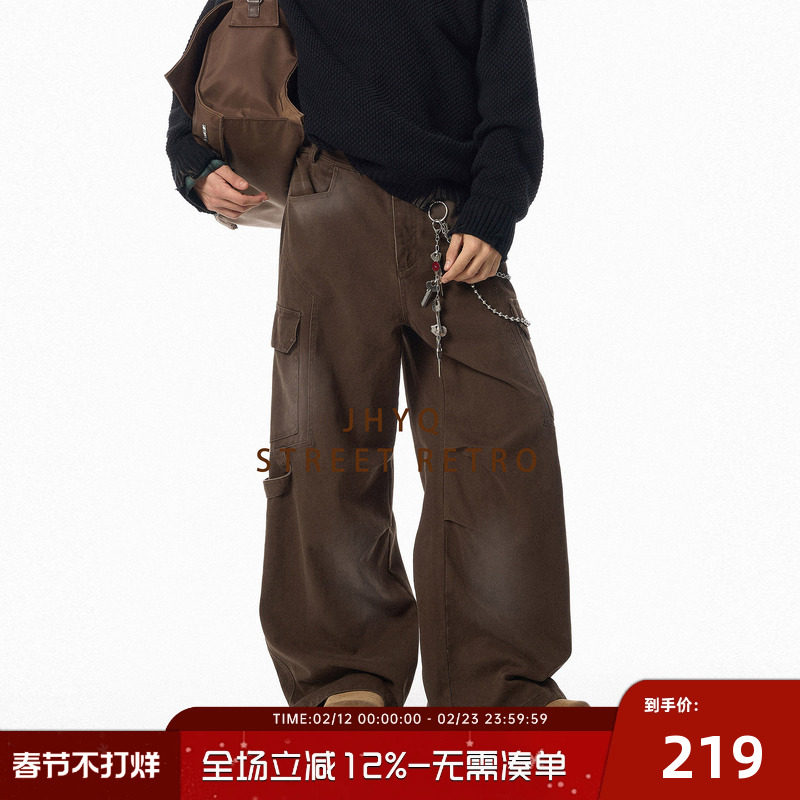 JHYQ净化眼球美式复古街头多口袋工装裤男可调节潮牌休闲宽松长裤