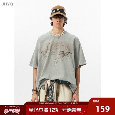 JHYQ美式复古字母印花短袖T恤