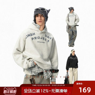 JHYQ净化眼球弧形字母印花400G美式 外套 复古连帽卫衣男宽松情侣衫