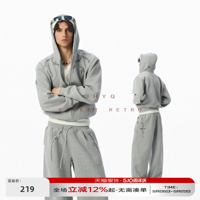 荆棘系列丨JHYQ短版型卫衣美式宽松慵懒加大帽沿连帽男女开衫外套