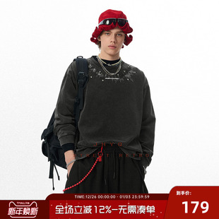 T恤男宽松镶钻卫衣衫 复古印花水洗重磅320g长袖 JHYQ美式 脉冲波