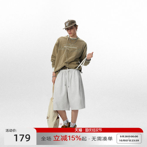 JHYQ美式复古重磅320g长袖水洗T恤男宽松上衣钉珠图腾潮牌卫衣杉