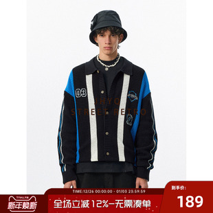 JHYQ条纹拼接镂空针织开衫 外套男宽松休闲毛线衣翻领印花上衣