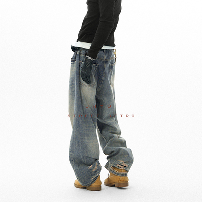 JHYQ美式复古水洗竹节破洞牛仔裤