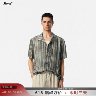JHYQ复古条纹短袖衬衫男夏季宽松休闲古巴领轻熟雅痞度假风上衣