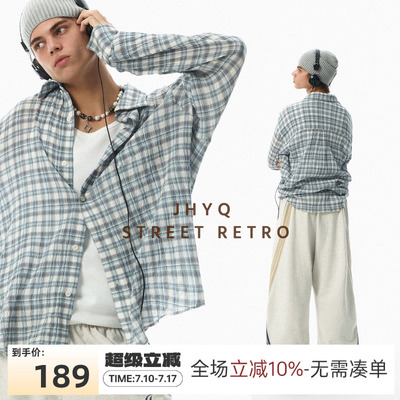JHYQ春夏季美式复古褶皱格子长袖衬衫男轻薄透气休闲度假遮阳上衣