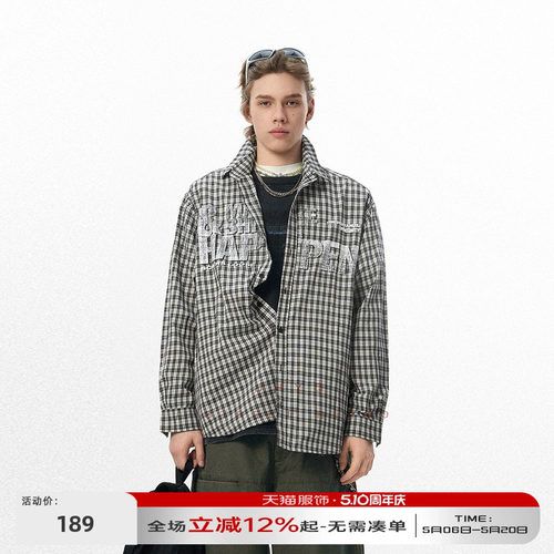 JHYQ2025秋季新款复古格纹翻领休闲格子衬衫男宽松潮牌衣服外套