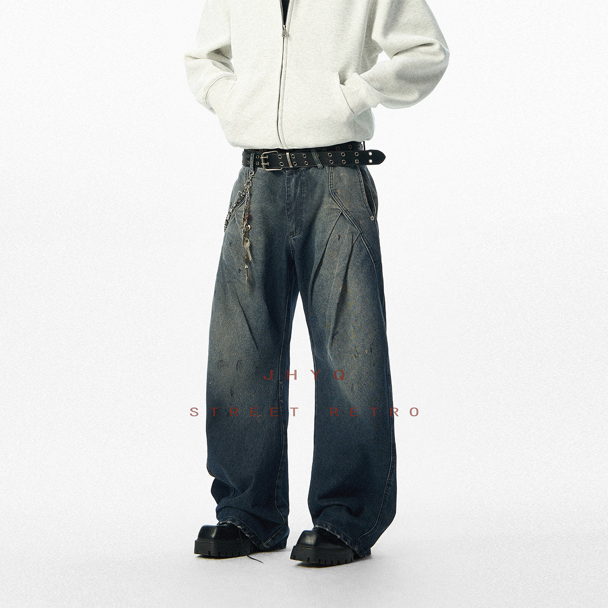 JHYQ美式复古风宽松阔腿牛仔裤男阔腿直筒高街设计感休闲弯刀长裤,男装,牛仔裤,淘宝优惠券,粉丝福利购,淘宝优惠卷