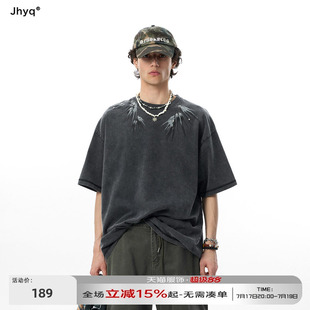 【燕尾】JHYQ美式水洗做旧印花镶钻短袖T恤男宽松重磅圆领上衣夏