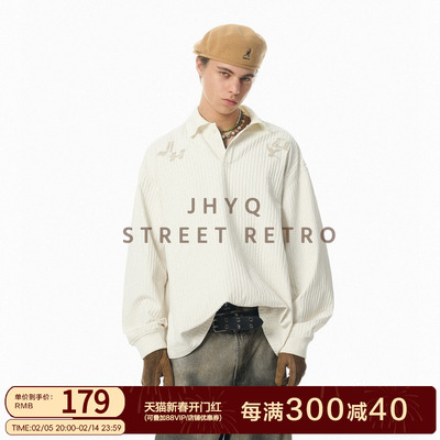 JHYQ美式休闲POLO领肌理感长袖T恤男宽松立体潮牌串珠刺绣女上衣