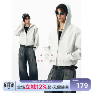 JHYQ无logo美式宽松净版连帽短款卫衣男女拉链开衫外套休闲帽衫