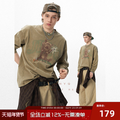 长袖320G重磅法斗犬印花水洗T恤