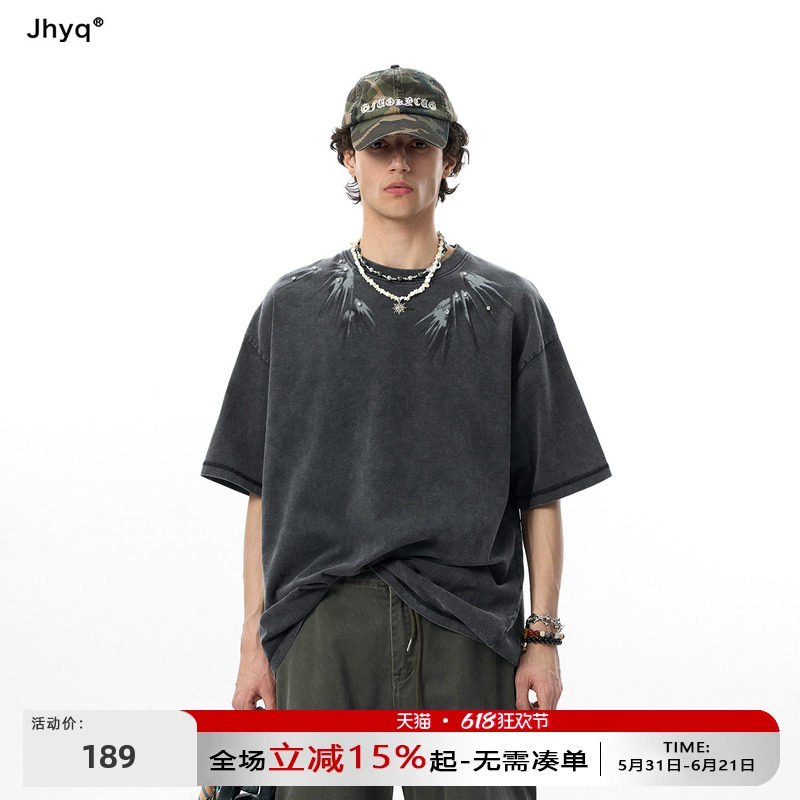 【燕尾】JHYQ美式水洗做旧印花镶钻短袖T恤男宽松重磅圆领上衣夏