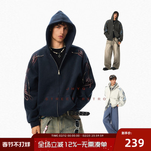 JHYQ净化眼球美式街头朋克打钉420G重磅连帽开衫卫衣男春秋潮外套