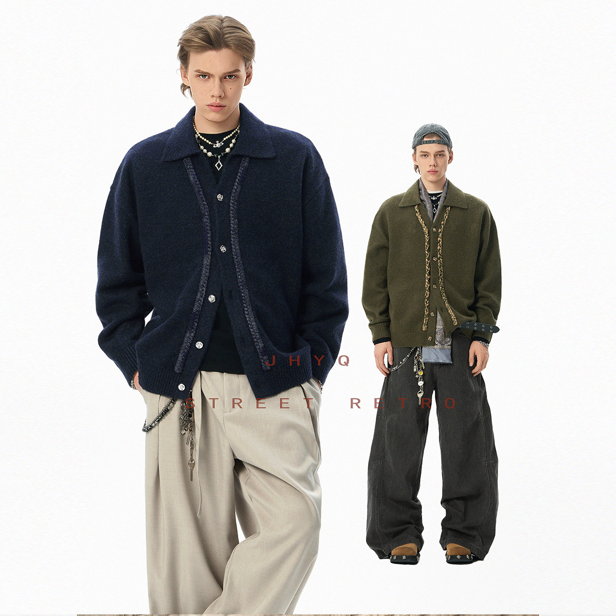 JHYQ净化眼球美式复古翻领拼编绳毛衣男秋冬宽松针织衫老钱风外套