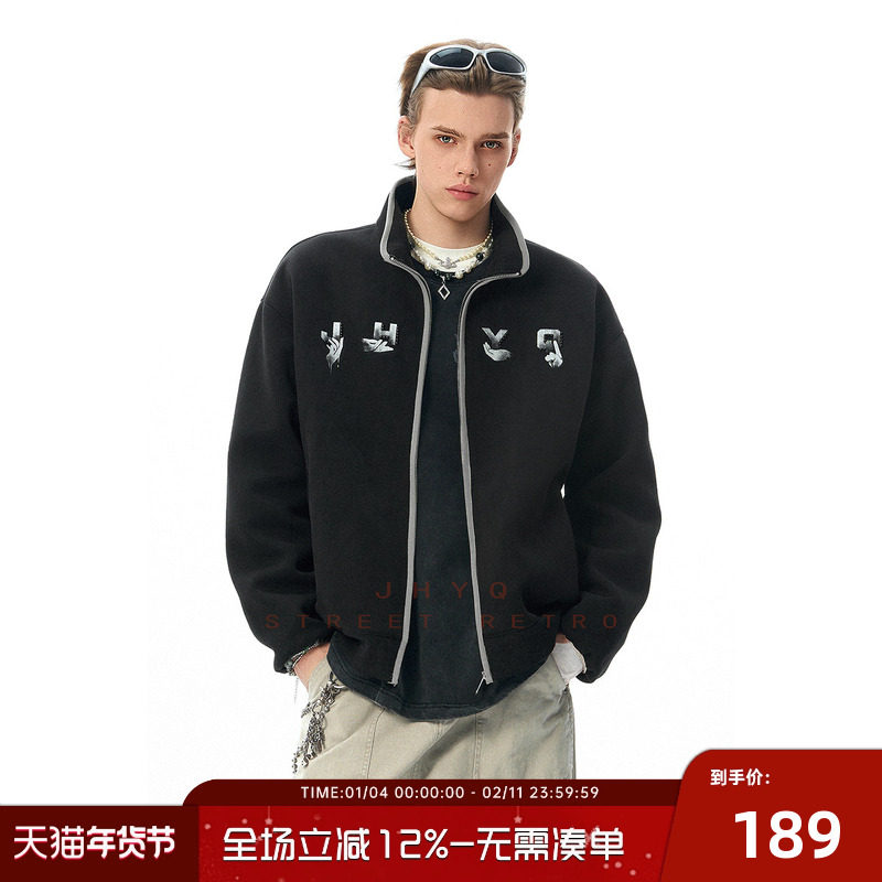 JHYQ净化眼球美式手势印花立领开衫卫衣男秋季宽松休闲情侣外套潮