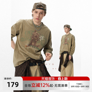 JHYQ净化眼球美式春秋水洗重磅320G长袖T恤男情侣法斗犬印花卫衣