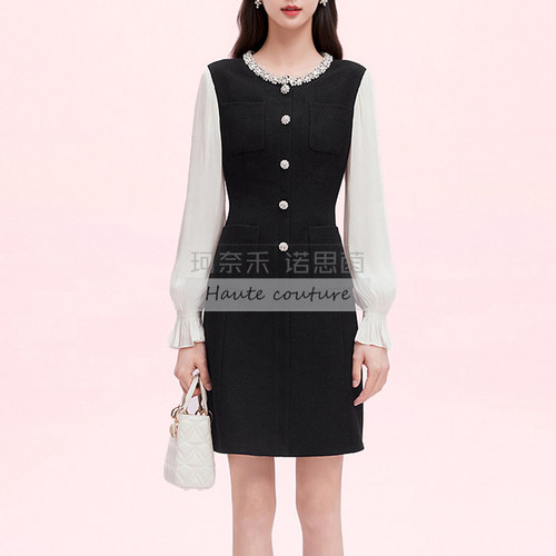 拉珂同款女裙 法式名宴会媛重工钉珠拼接连衣裙25秋冬款RF07019W0