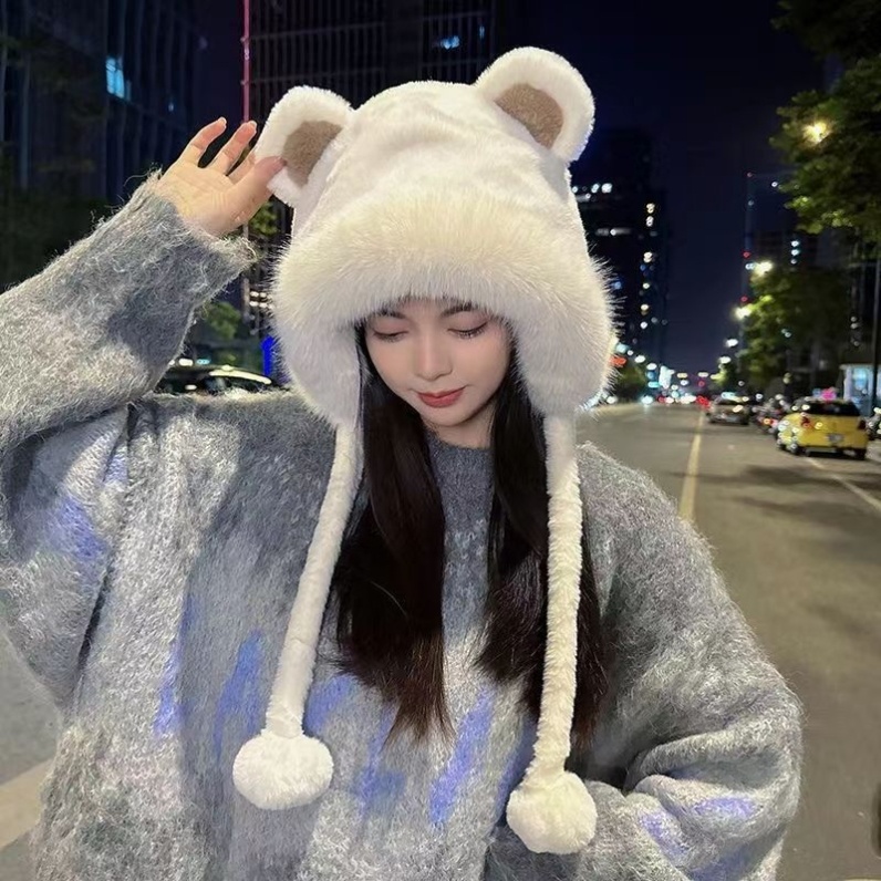 帽子女秋冬季小熊耳朵厚毛绒时尚百搭毛绒帽大头围护耳保暖雷锋帽