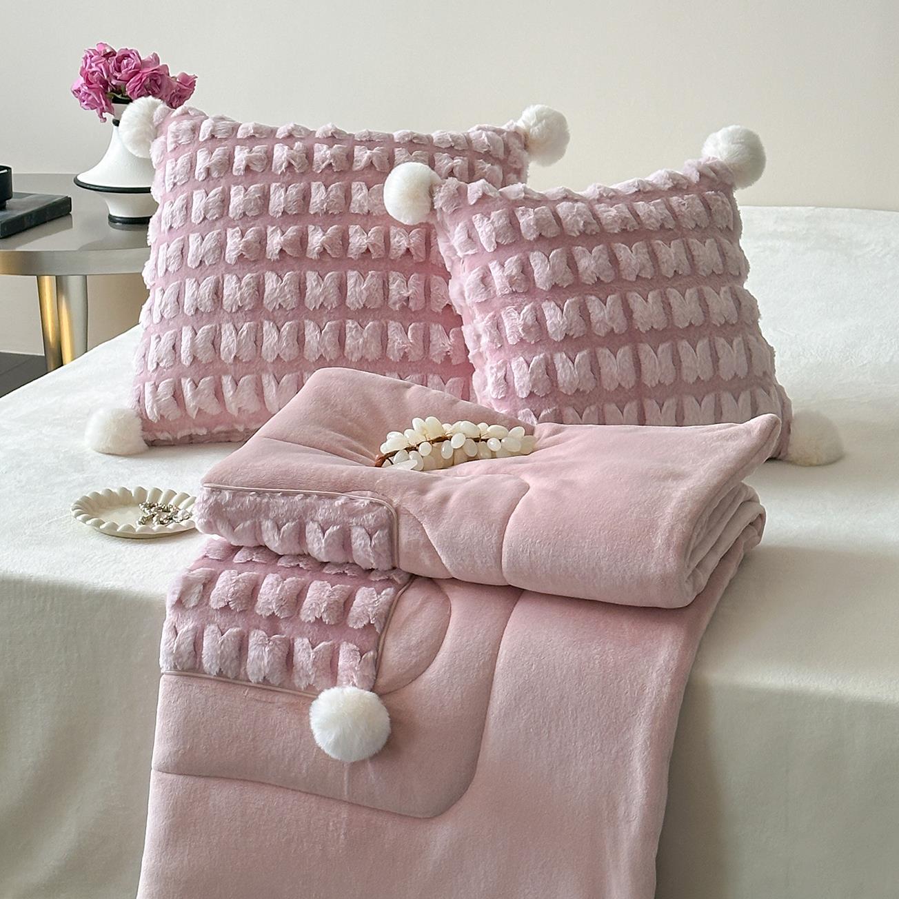 立体毛球抱枕被子两用加