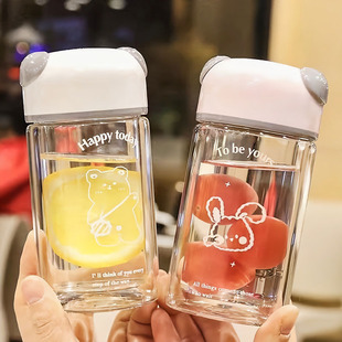 耐高温双层玻璃水杯女生高颜值小巧便携玻璃杯子女款可爱水杯带盖