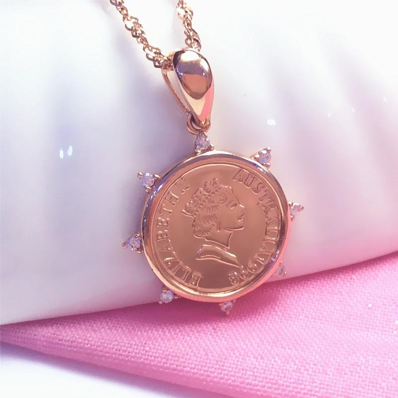 俄罗斯585紫金欧美时尚洋气女款王牌圆形吊坠玫瑰金气质项链ins风