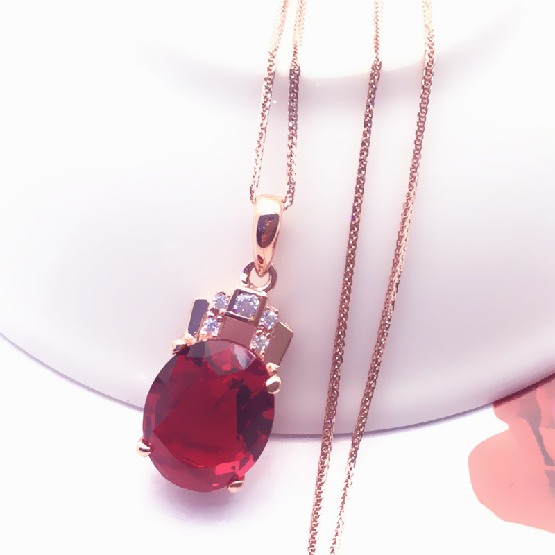俄罗斯585紫金镀14K玫瑰金彩金女韩版时尚红宝石椭圆吊坠大气项链