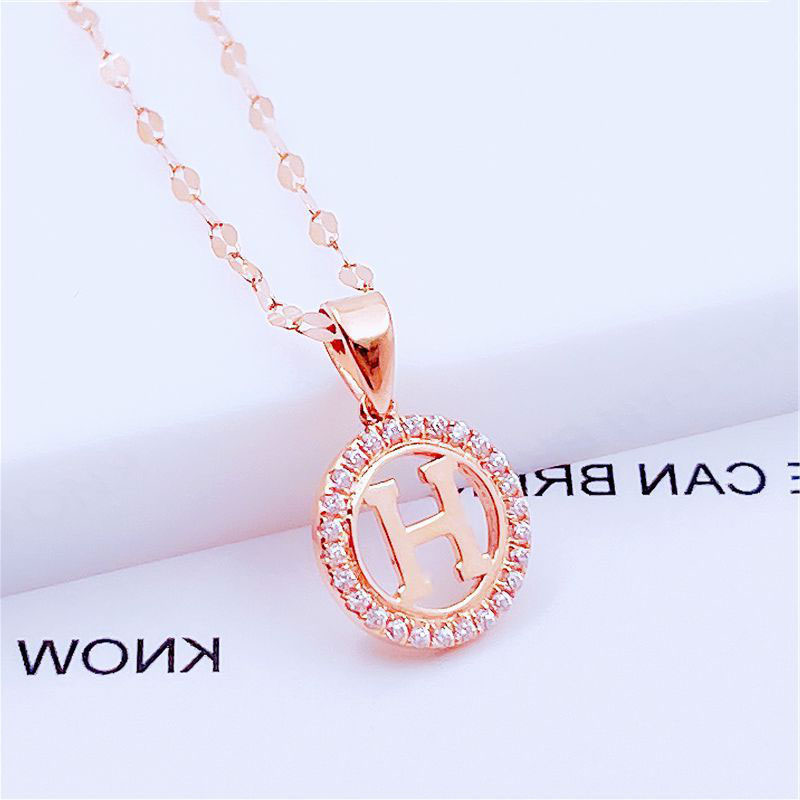 俄罗斯585紫金镶嵌圆形字母吊坠镀14K玫瑰金精美时尚圆牌项链女款