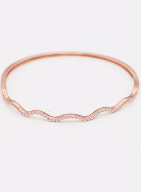 俄罗斯585紫金镶锆石波浪形手镯女镀14K玫瑰金精致优雅设计感礼物