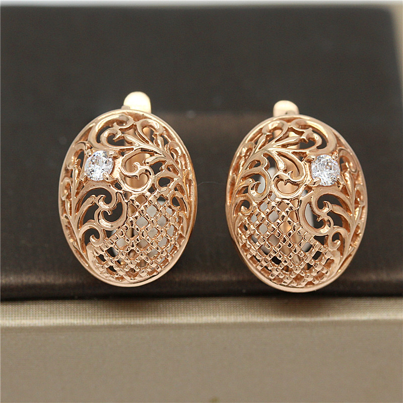 俄罗斯585紫金实心女款镀14K彩金椭圆形镂空耳环气质耳饰时尚欧美