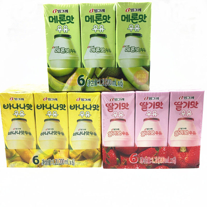 韩国进口宾格瑞/哈密瓜/草莓/荔枝味/香蕉牛奶24盒/箱