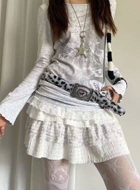 中古风灰色圆领长袖t恤女春小众修身蕾丝花边拼接日杂古着感上衣