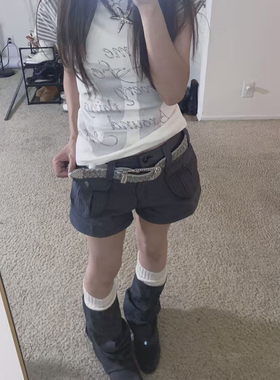 古着感穿搭明线口袋工装短款女街头辣妹宽松阔腿亚比y2k裤子热裤