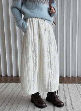 3months白色夹棉高腰花苞半身裙女秋冬保暖加厚韩系a字长裙棉裙子