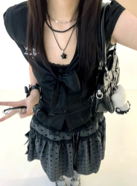 古早日杂蕾丝波点a字中长半身裙泡泡袖蝴蝶结修身短款衬衫两件套