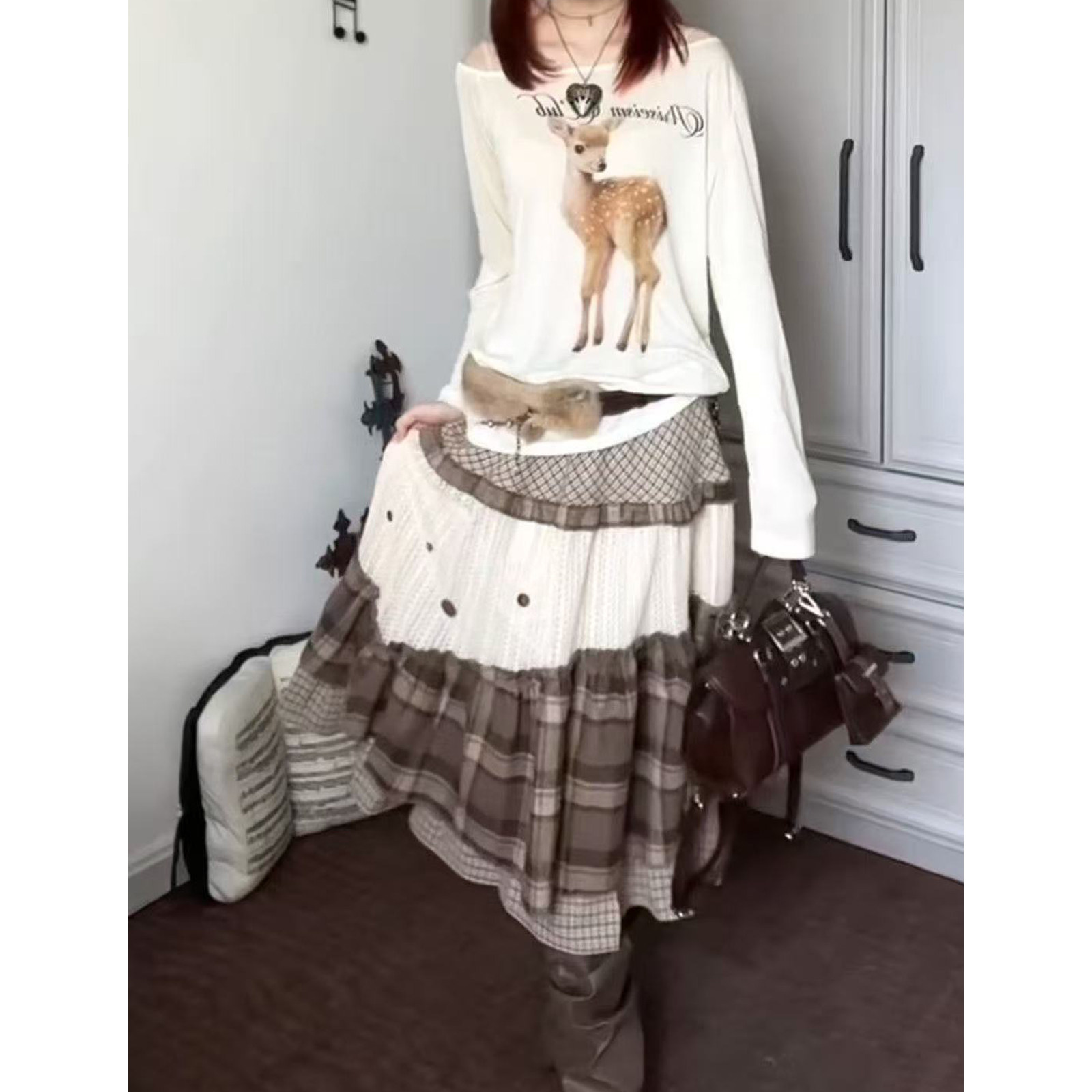 不规则重工木耳花边拼接中长半裙