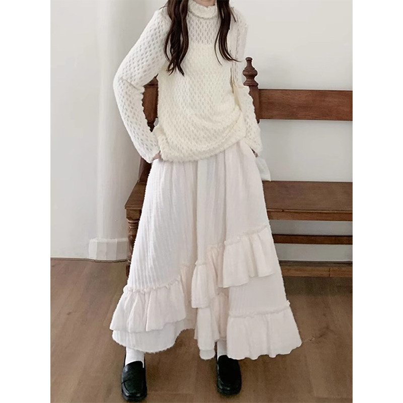 森系温柔风白色毛呢半身裙女秋冬