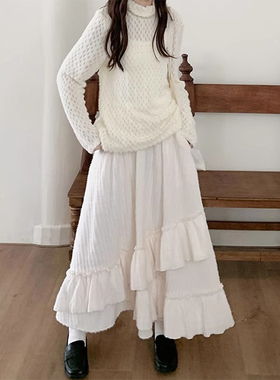森系小清新温柔风白色毛呢半身裙女秋冬高腰显瘦中长款蛋糕百褶裙