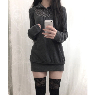 古早日杂感灰色格纹翻领正肩长袖T恤女秋复古宽松休闲中长款上衣