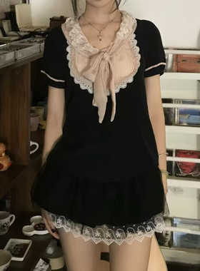 日系古早味小众甜美蕾丝拼接蝴蝶结娃娃领连衣裙少女感休闲短裙子