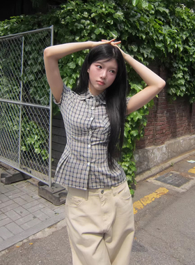 日系复古格纹撞色polo领格纹衬衫夏季学院风收腰修身显瘦衬衫上衣