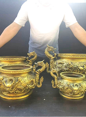 铜香炉纯铜九龙炉家用居室佛具佛堂摆件大号双龙戏珠香炉龙香炉