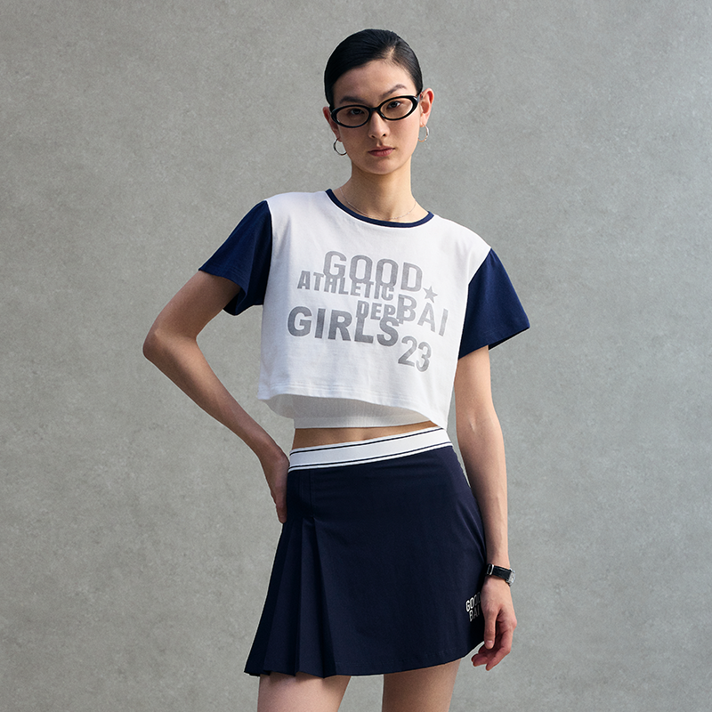 GOODBAI 23 GIRLS athletic印花圆领撞色短款宽松短袖T恤