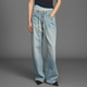 GOODBAI 女 长裤 新款 刺绣水洗高腰宽松抽绳直筒牛仔裤